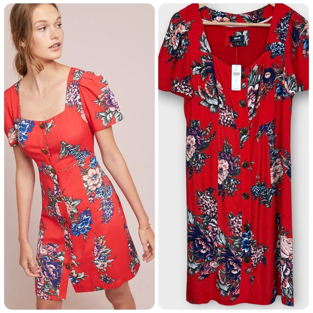 Maeve Anthropologie Caldwell Button Front Dress Womens 6 Red NWT Square Neck